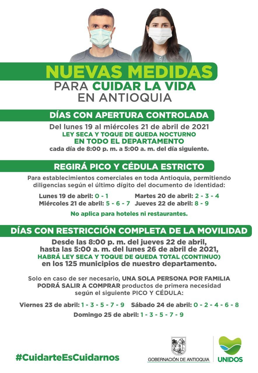 Estas son las medidas que rigen para todo el departamento de Antioquia entre el 19 y el 26 de abril. Imagen: Gobernación de Antioquia.