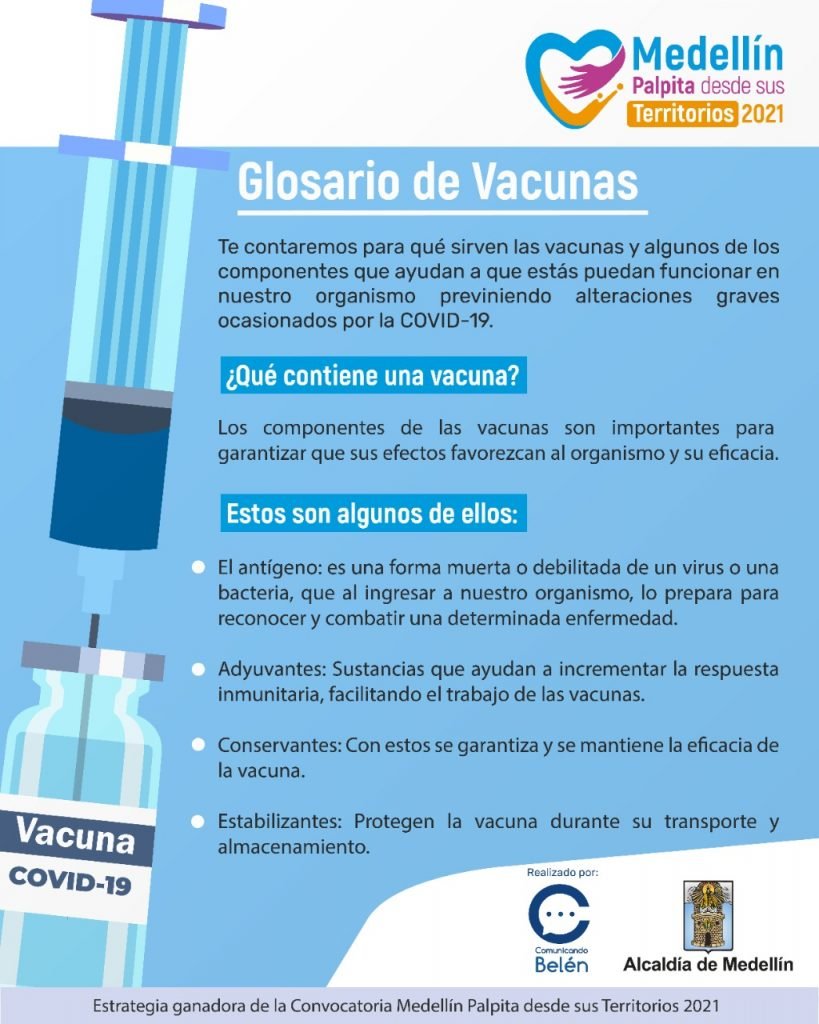 Pieza gráfica que muestra los 4 componentes de las vacunas. • Imagen: Comunicando Belén.